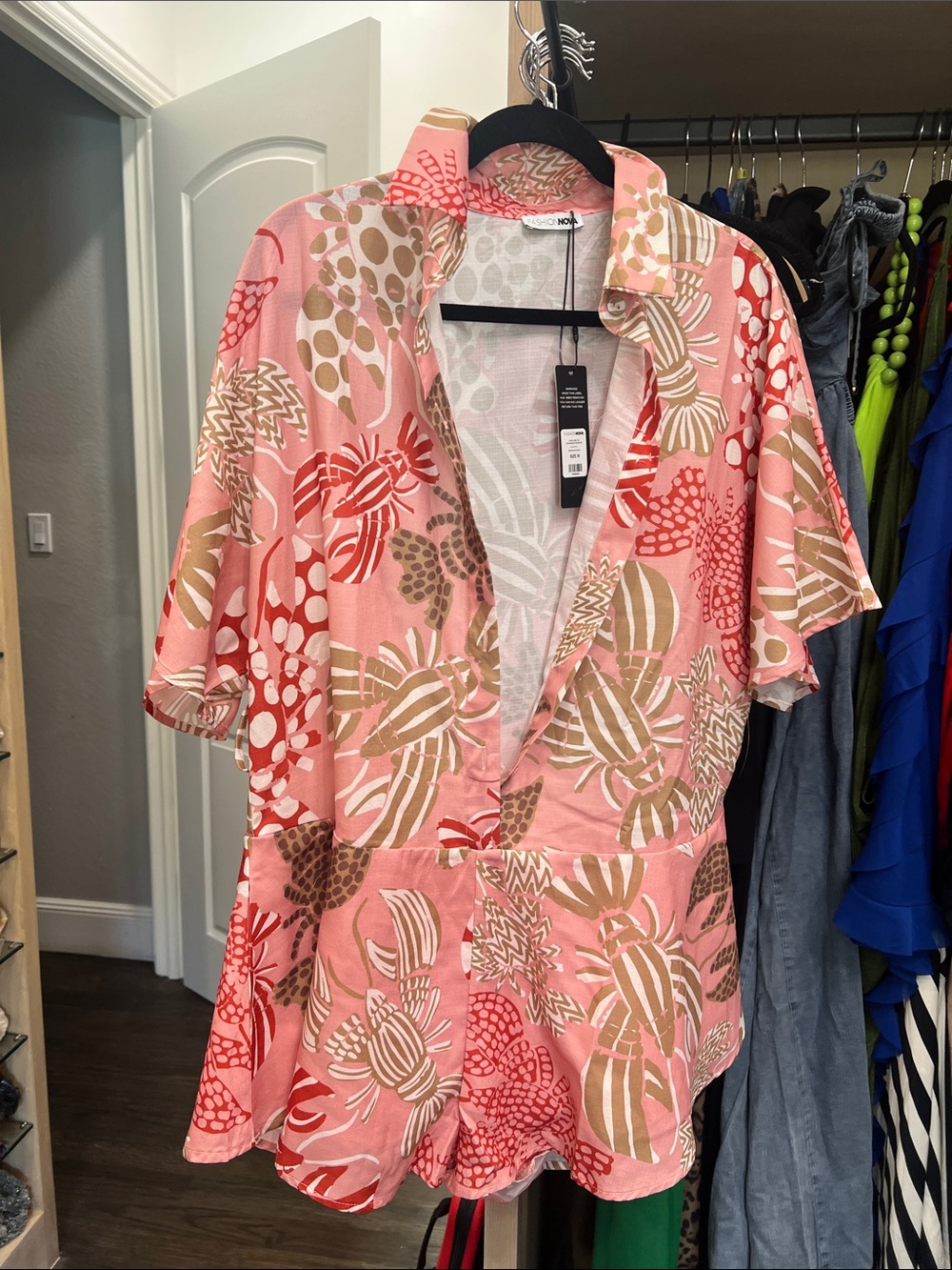 Fashion Nova Pink & Tan Tropical Button-Down Shirt